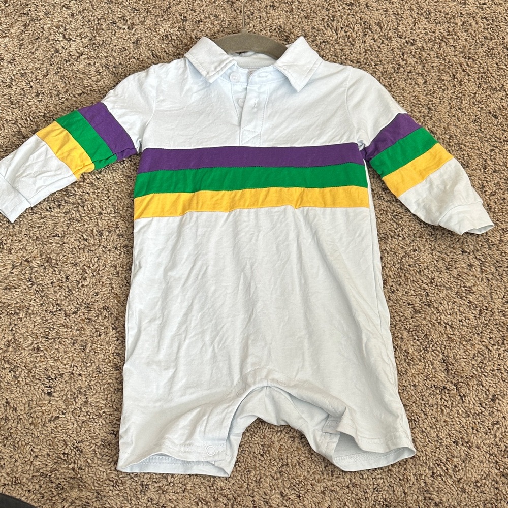 Mardi Gras White Baby Romper Shortall with Purple, Green & Yellow Stripes